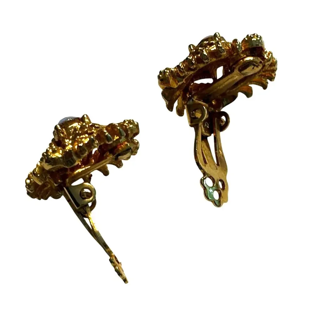 Vintage mid century clip on earrings ornate goldtone & AB center rhinestones
